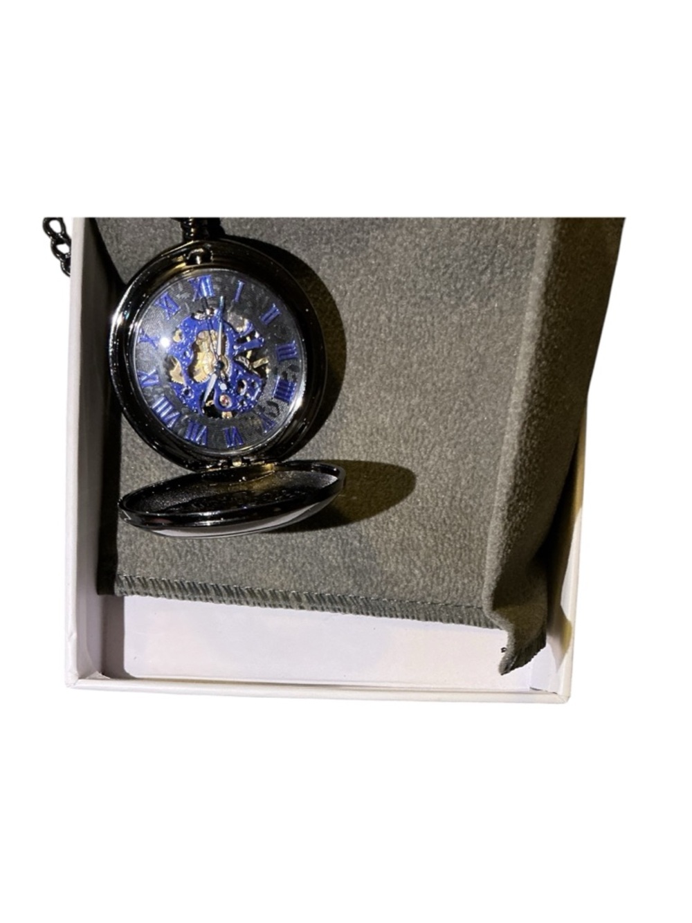 Black Pocket Watch with Blue Skeleton Dial - Unbranded